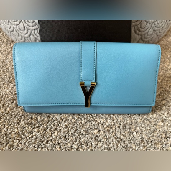EUC🩵Saint Laurent Paris Blue Glacier Leather Y Line Flap Wallet - Picture 14 of 15